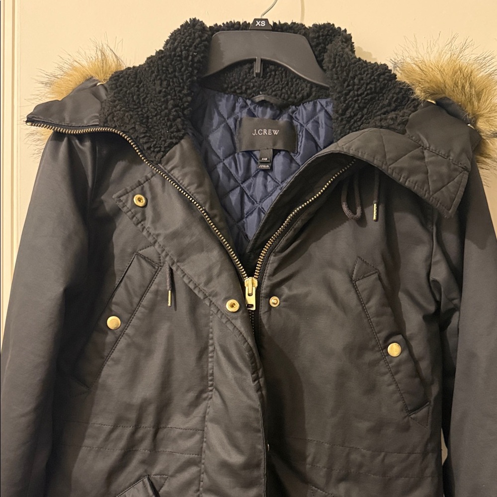 J. Crew Women's Black Utility Jacket with Faux Fur Trim